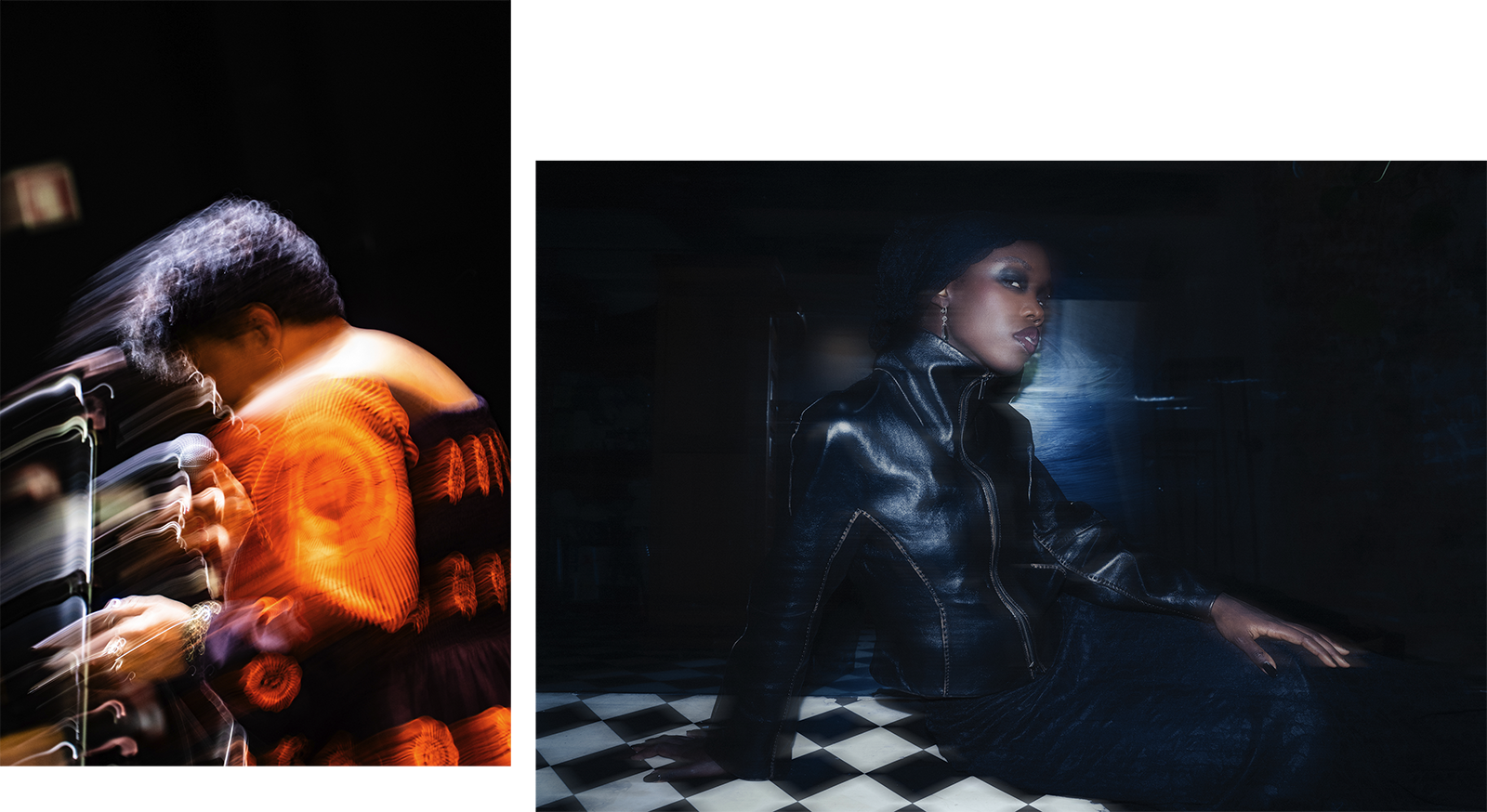 Photo collage of portraits of two artists: Maria Alice and MAHA. Both photos contain movement, causing light streaks across the image.